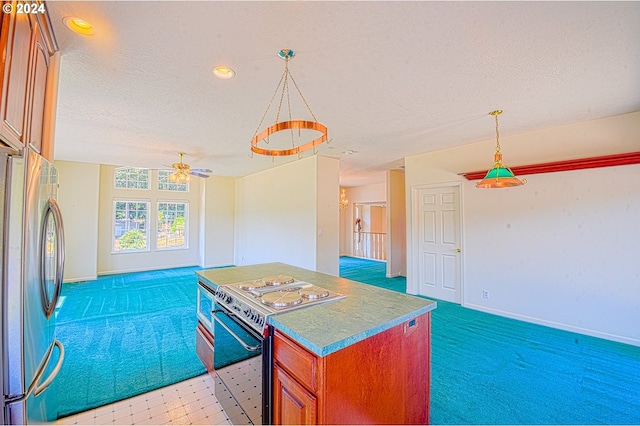 kitchen featuring ceiling fan, white electric range, carpet flooring, a textured ceiling, and stainless steel fridge