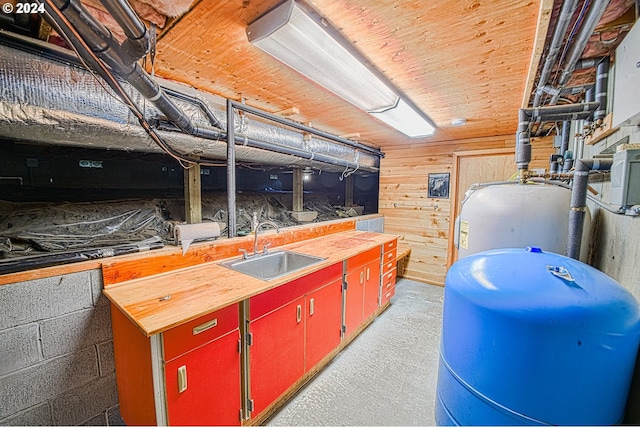 interior space featuring sink and wood walls