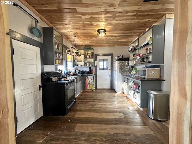 kitchen with dark wood-type flooring, wooden ceiling, decorative light fixtures, and electric range