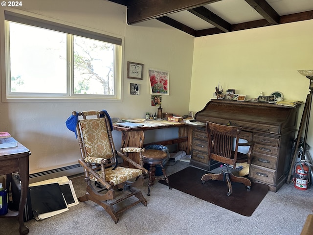 office space with carpet floors and beam ceiling