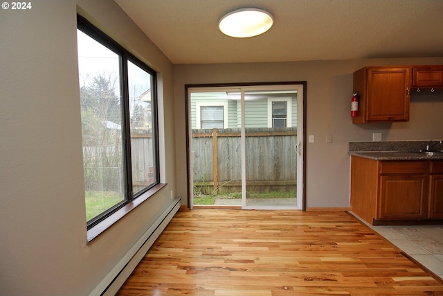 interior space featuring a baseboard radiator, plenty of natural light, sink, and light hardwood / wood-style floors