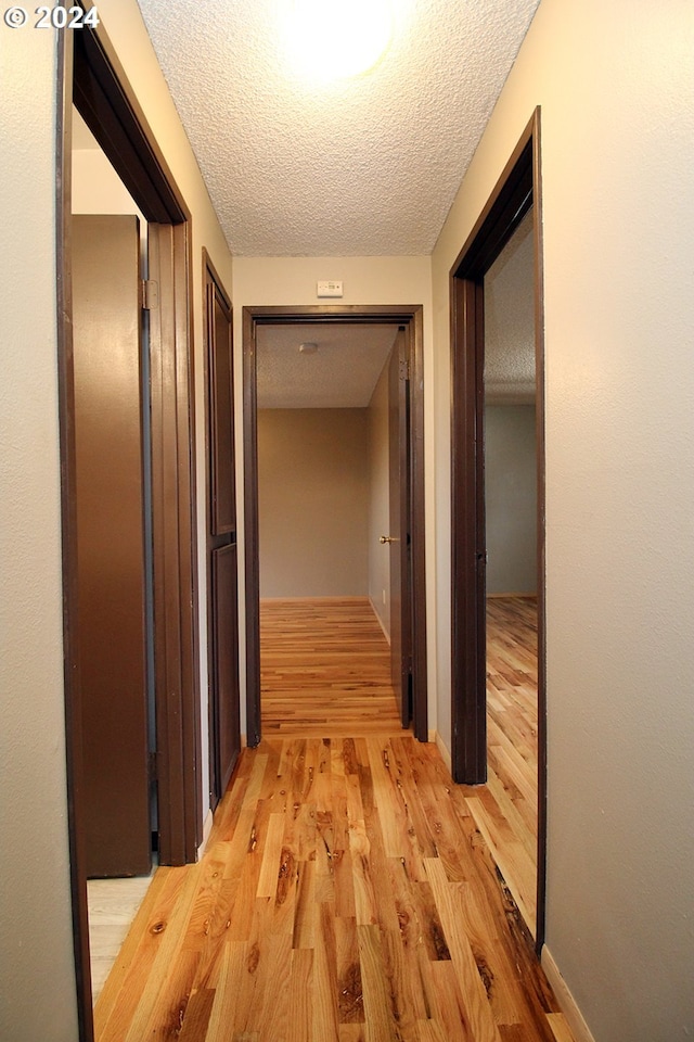 hallway featuring a textured ceiling and light hardwood / wood-style floors