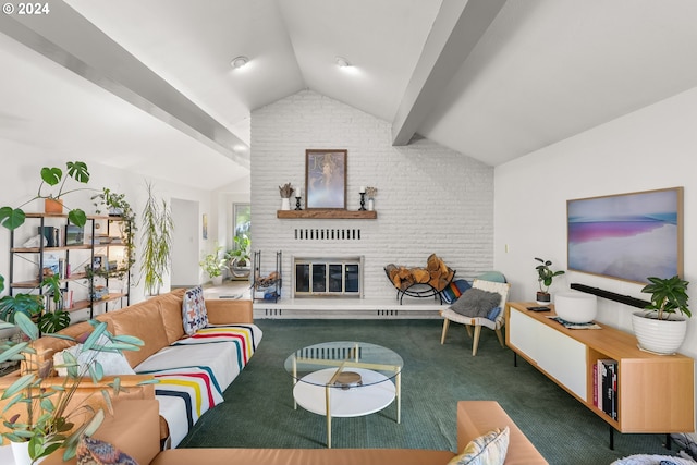 carpeted living room with brick wall, vaulted ceiling with beams, and a fireplace