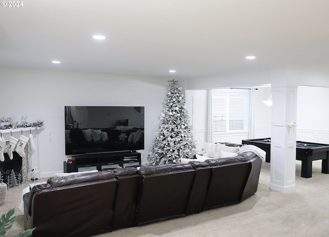 carpeted living room featuring pool table