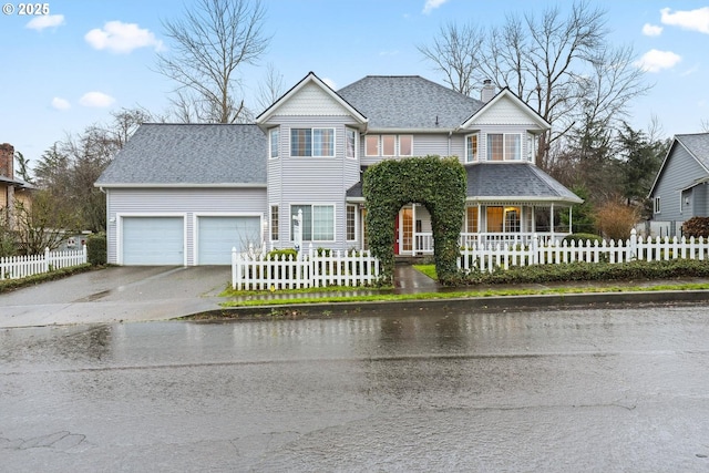 view of property featuring a porch and a garage