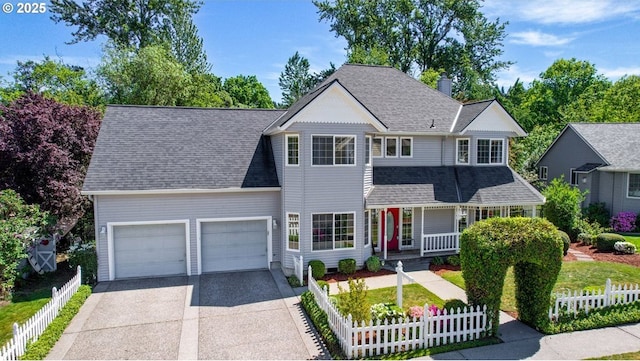 view of front of home featuring a porch, an attached garage, driveway, and a chimney