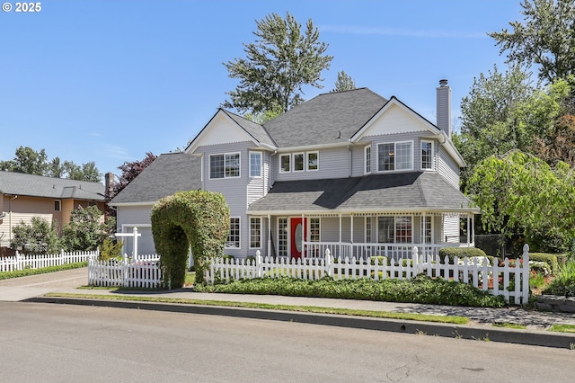 view of front facade with covered porch, a fenced front yard, and a chimney