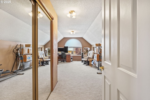 office space featuring a textured ceiling, carpet, and vaulted ceiling