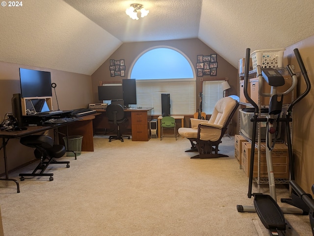 carpeted office featuring vaulted ceiling and a textured ceiling