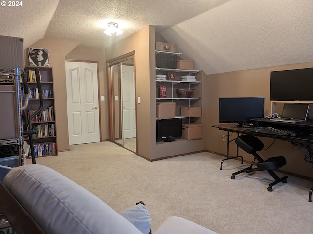 office space featuring a textured ceiling, light colored carpet, and vaulted ceiling