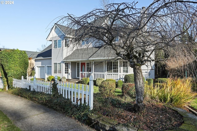 view of front facade featuring a porch and a garage