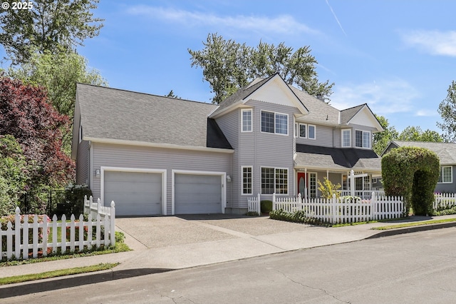 victorian house featuring a garage, concrete driveway, and a fenced front yard