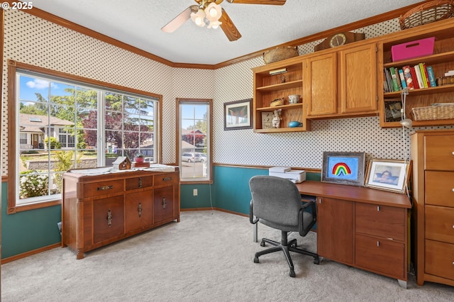 office with ornamental molding, a ceiling fan, plenty of natural light, baseboards, and wallpapered walls