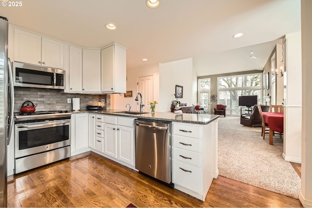 kitchen featuring a peninsula, a sink, open floor plan, appliances with stainless steel finishes, and backsplash