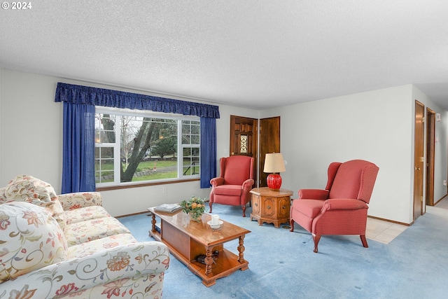 carpeted living room featuring a textured ceiling