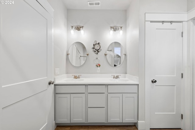 bathroom with double sink and vanity with extensive cabinet space