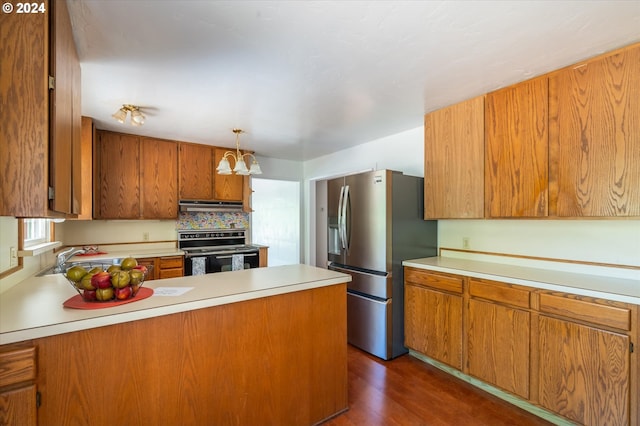 kitchen with black range with electric stovetop, pendant lighting, sink, stainless steel fridge with ice dispenser, and dark hardwood / wood-style flooring