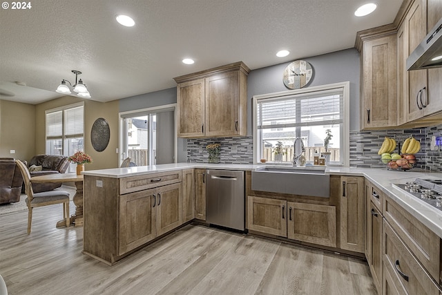 kitchen featuring kitchen peninsula, light hardwood / wood-style flooring, sink, appliances with stainless steel finishes, and range hood