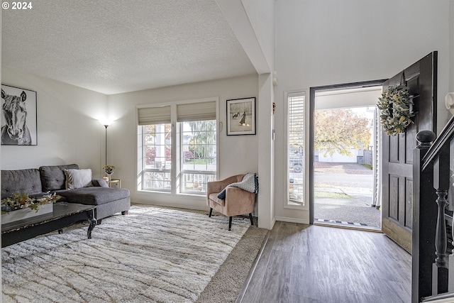 living room with a textured ceiling and light hardwood / wood-style flooring