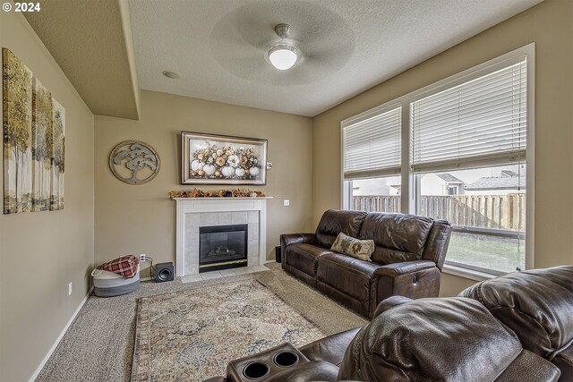 41637 NW Buckshire St, Banks, OR 97106 - living area featuring carpet floors, a fireplace, a textured ceiling, and baseboards
