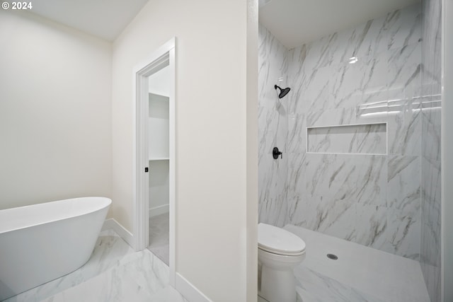 bathroom with a marble finish shower, baseboards, toilet, marble finish floor, and a freestanding bath