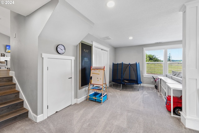 playroom with carpet flooring and a textured ceiling