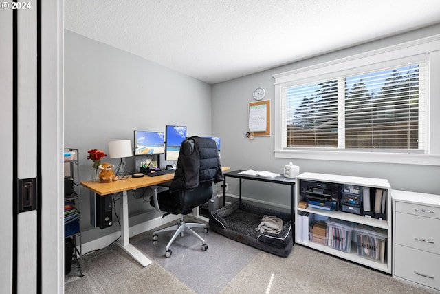 home office with a textured ceiling and carpet flooring