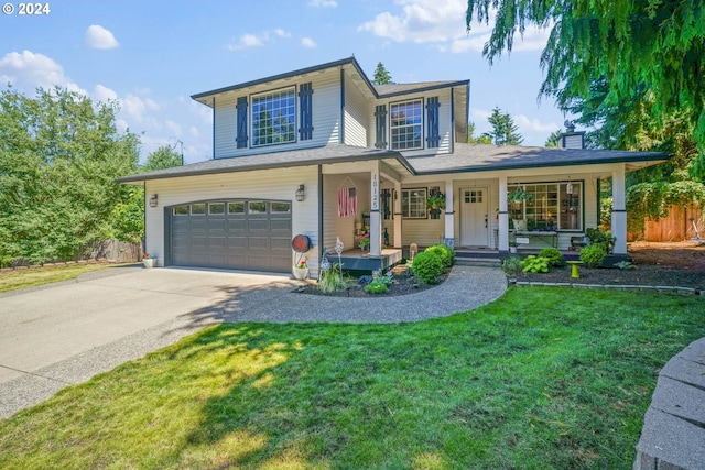 view of front facade featuring a garage, covered porch, and a front yard