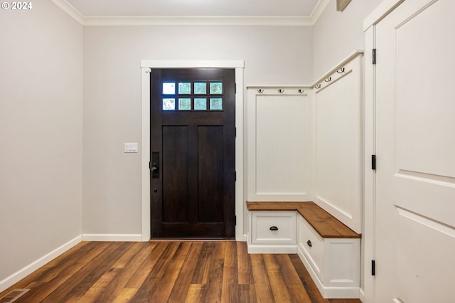 mudroom with dark hardwood / wood-style flooring and ornamental molding