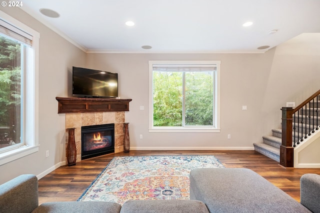 living room featuring dark hardwood / wood-style flooring, crown molding, and a tile fireplace