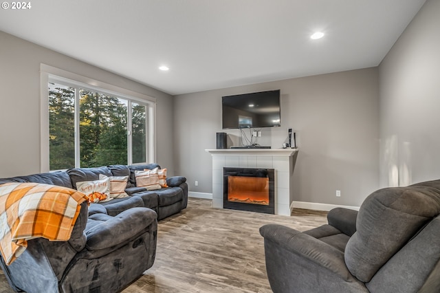 living room with a tiled fireplace and hardwood / wood-style floors