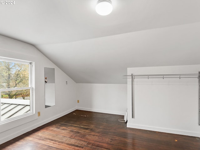 bonus room with lofted ceiling, plenty of natural light, and dark hardwood / wood-style floors