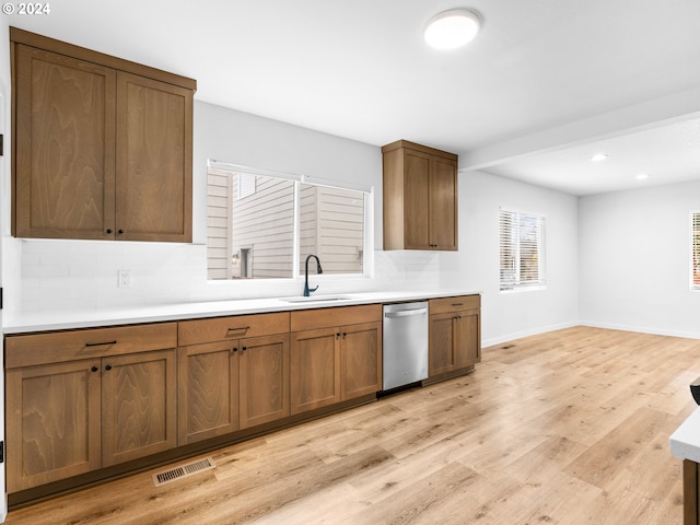 kitchen featuring light wood-type flooring, decorative backsplash, stainless steel dishwasher, and sink