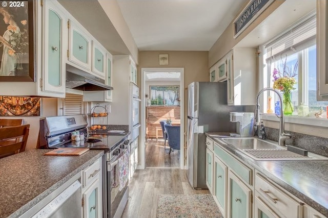 kitchen with appliances with stainless steel finishes, a sink, white cabinetry, and under cabinet range hood