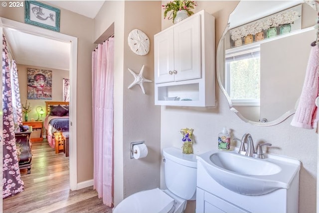 full bath featuring vanity, toilet, and wood finished floors