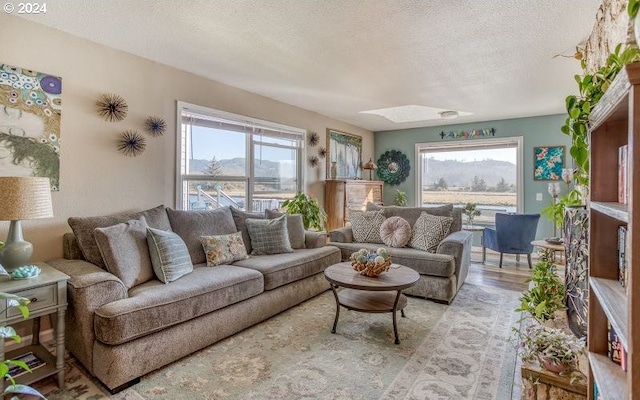 living room with a textured ceiling, light wood finished floors, and a skylight