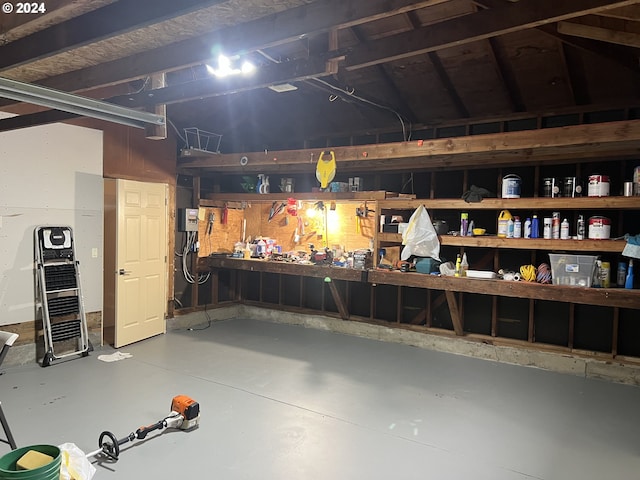 basement with a workshop area