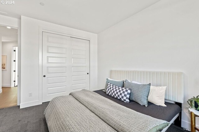 bedroom with dark carpet and a closet