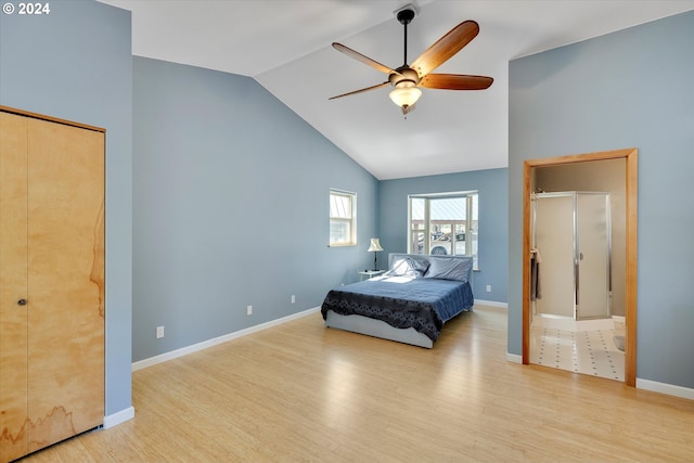 bedroom with high vaulted ceiling, a ceiling fan, baseboards, and wood finished floors