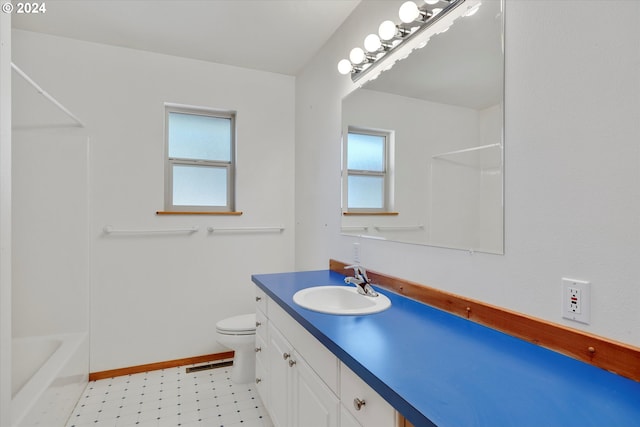 full bath featuring tile patterned floors, visible vents, toilet, baseboards, and vanity