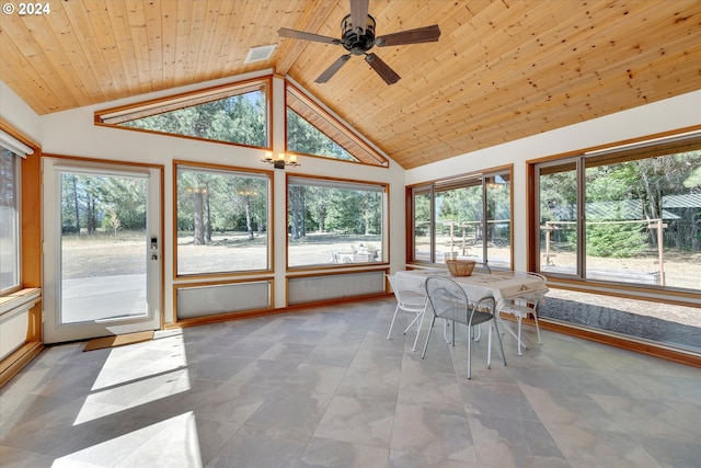 unfurnished sunroom featuring visible vents, wood ceiling, lofted ceiling, and a ceiling fan