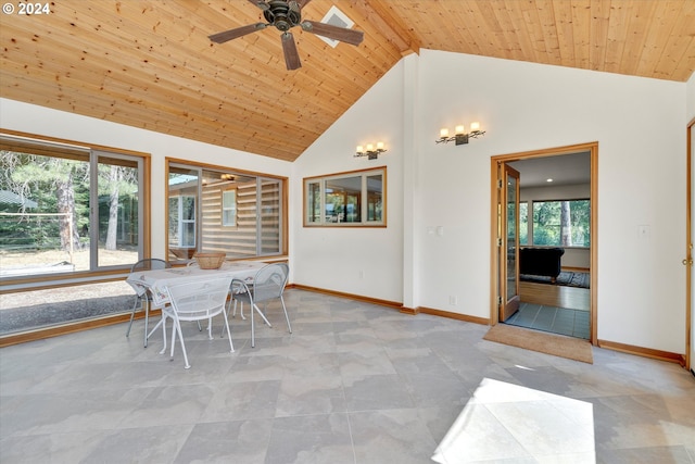 unfurnished dining area with wood ceiling, ceiling fan, high vaulted ceiling, and baseboards