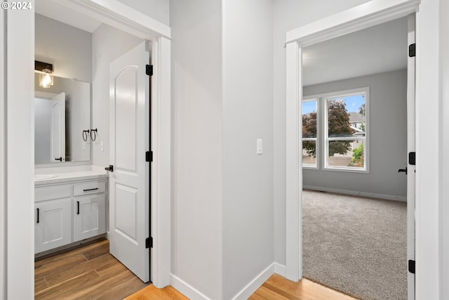 bathroom with vanity and hardwood / wood-style flooring