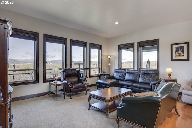 living room featuring a healthy amount of sunlight and light colored carpet