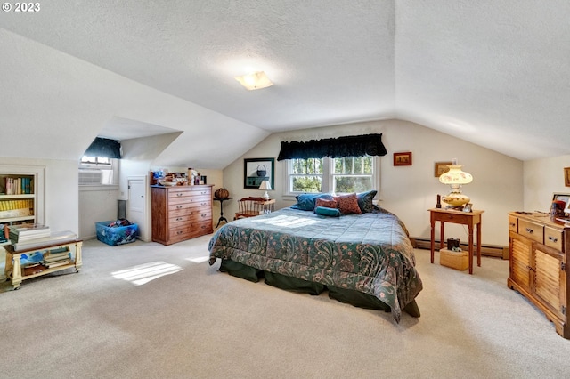 bedroom featuring a textured ceiling, baseboard heating, vaulted ceiling, and light carpet