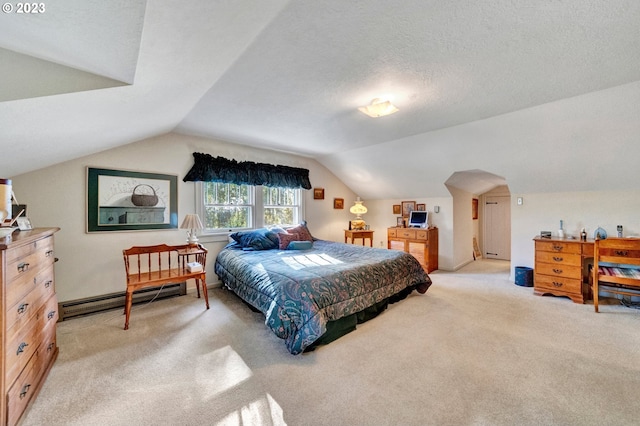 carpeted bedroom with a baseboard heating unit, a textured ceiling, and vaulted ceiling