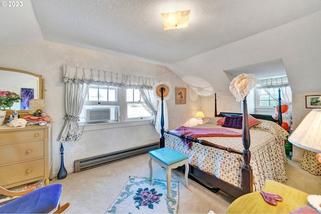 bedroom with lofted ceiling, multiple windows, light carpet, and baseboard heating