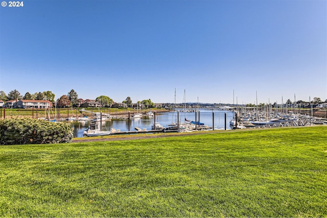 dock area with a yard and a water view