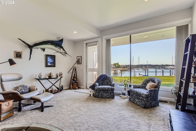 sitting room with carpet floors and a water view