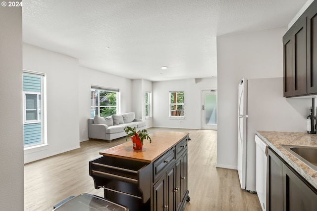 kitchen with stainless steel dishwasher, dark brown cabinets, and light wood-type flooring